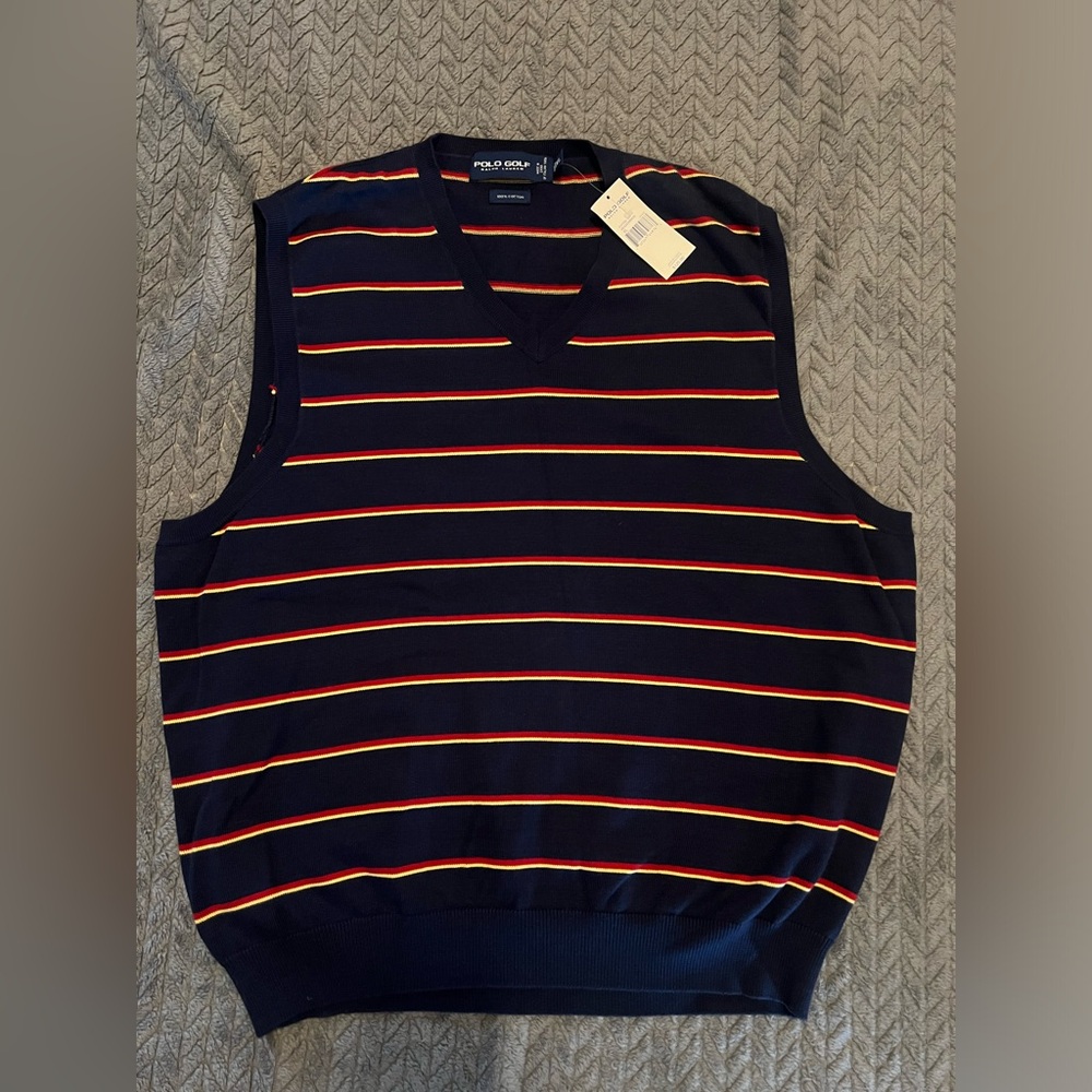 Ralph Lauren Polo Golf Sweater vest XL in Navy with Red and Yellow Accents.